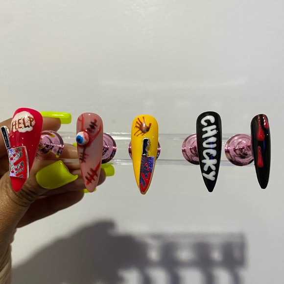 Hand crafted Chucky theme Medium Stiletto Love Galore Press On Nails - Picture 3 of 8